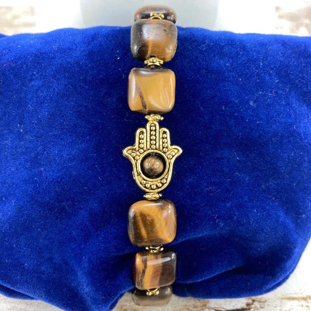 Hamsa Tiger's Eye Stretch Bracelet, Handmade, Antique Gold - Picture 5 of 9